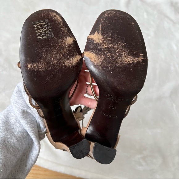 Prada Leather Square Toe Ankle Strap Sandals vintage 2000s y2k bronze floral - Picture 6 of 8